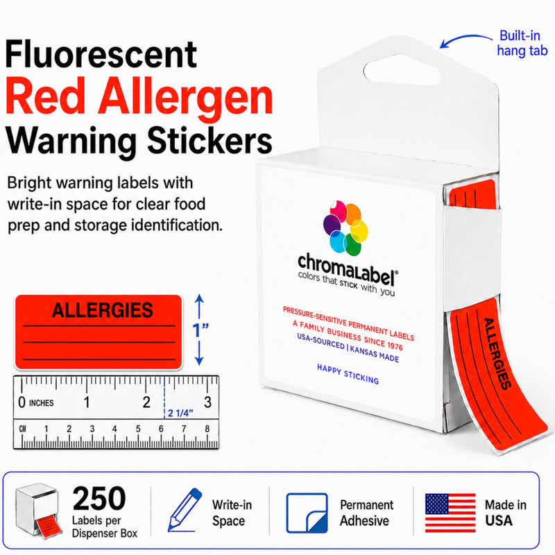 ChromaLabel Food Allergy Stickers, 1" x 2-1/4" Write-in Allergy Labels, 250 Fluorescent Red Allergen Warning Stickers in Ready-to-Hang Dispenser Box for Restaurants, Schools and Daycare 1" x 2-1/4"