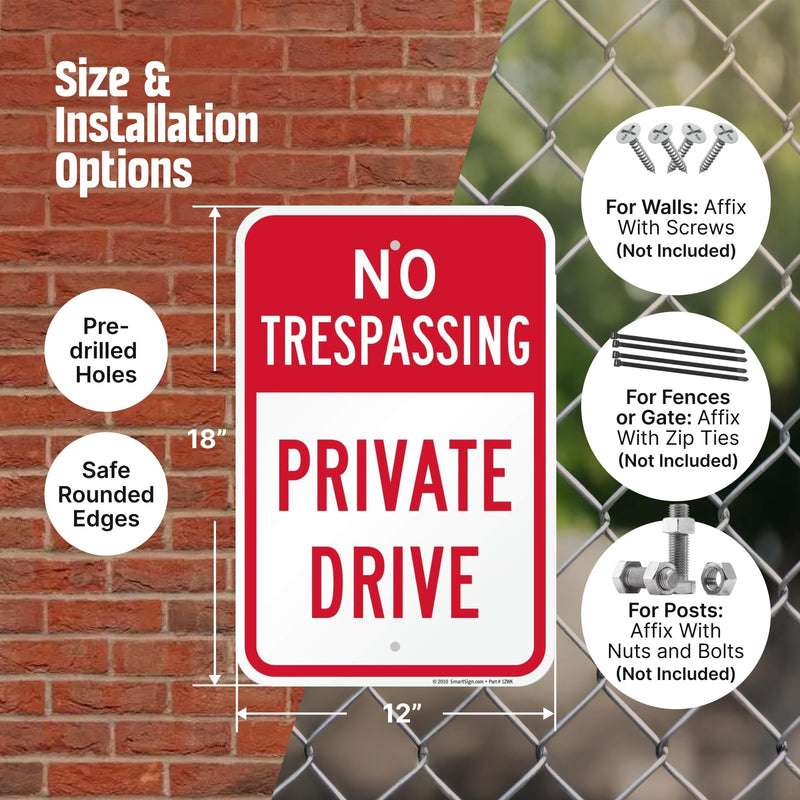 SmartSign No Trespassing Private Drive Sign - 2 Pack, 18 x 12 inch, 2mm Aluminum Composite, Pre-Drilled Holes, Red and White, Made in USA 12" x 18" ACM Reflective Aluminum Pack of 2