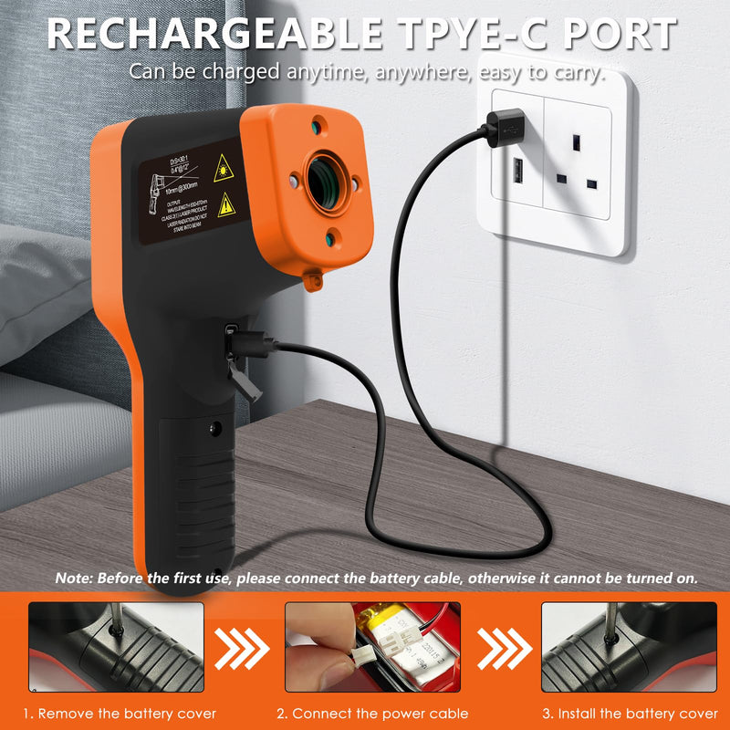 [Australia - AusPower] - Pyrometer, 30:1 Industrial Infrared Thermometer Gun Rechargeable, -58℉~2912℉ High Temp Waterproof Digital IR Laser Temperature Gauge (NOT for Human) Orange 