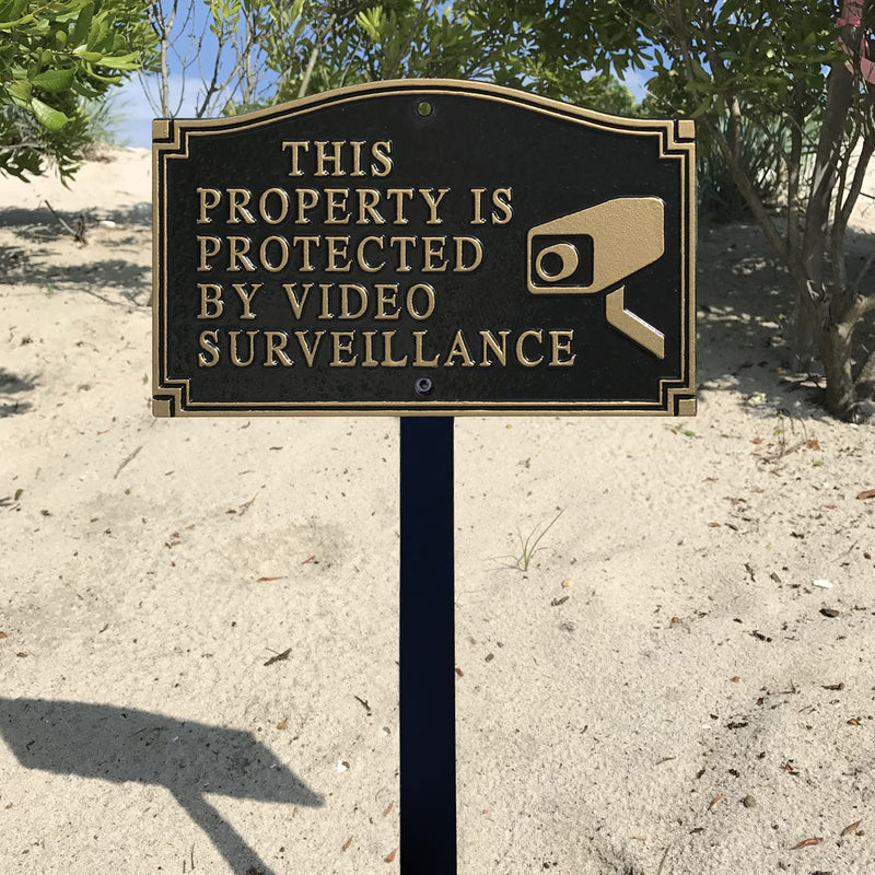 SmartSign 5.75 x 9.5 inch “This Property Is Protected By Video Surveillance” GardenBoss Statement Plaque with 18 inch Lawn Stake, 375 mil Rustproof Aluminum, Black and Gold, Set of 1, Made in USA Traditional