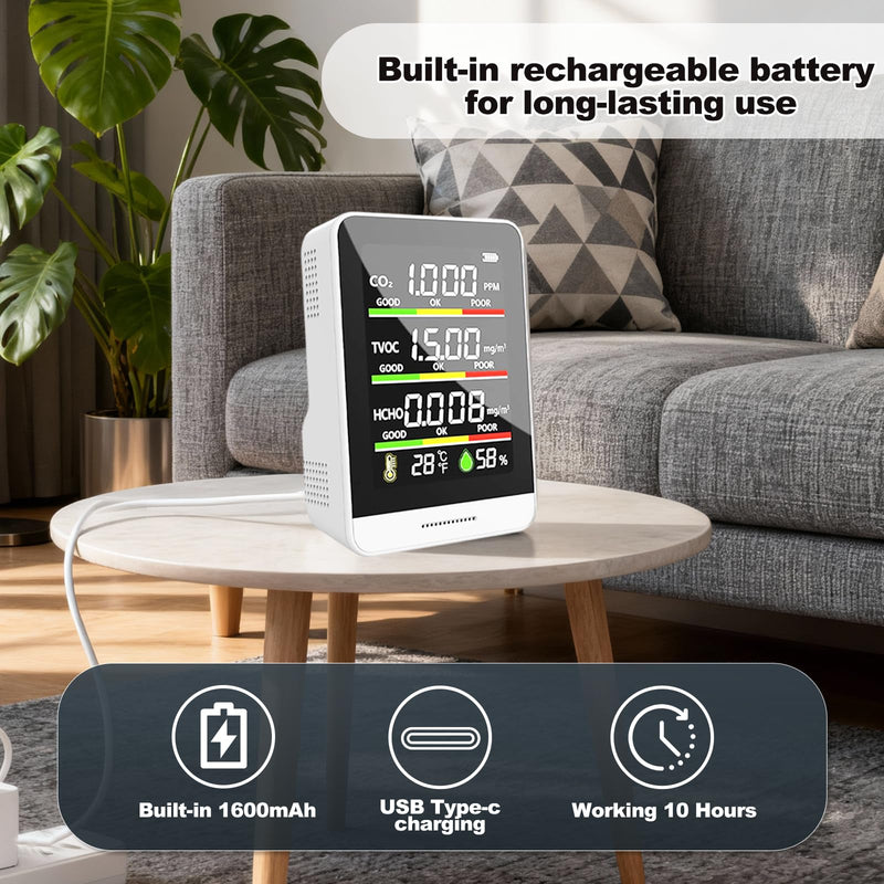 8-in-1 Air Quality Monitor | with Real-Time Temp, Humidity & Clock Display | Portable CO2, HCHO, TVOC, AQI Detector for Home, Office, Car