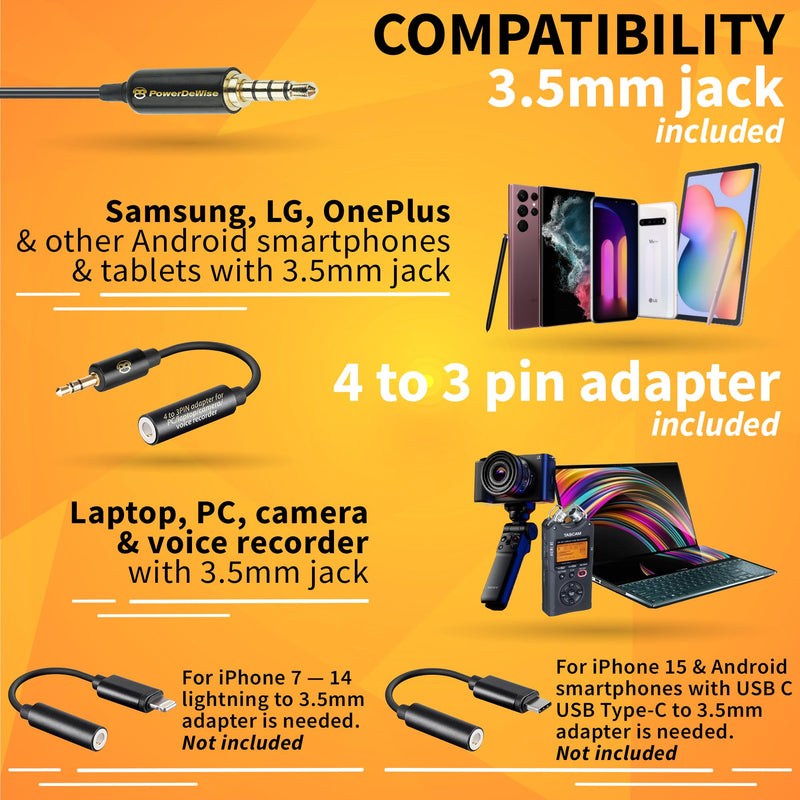 [Australia - AusPower] - PowerDeWise Professional Grade 2 Lavalier Clip-On Microphones Set for Dual Interview - Double Lav Lapel Microphone - Use for iPhone Phone Camera - Video Recording Noise Cancelling 3.5mm Mic Black 