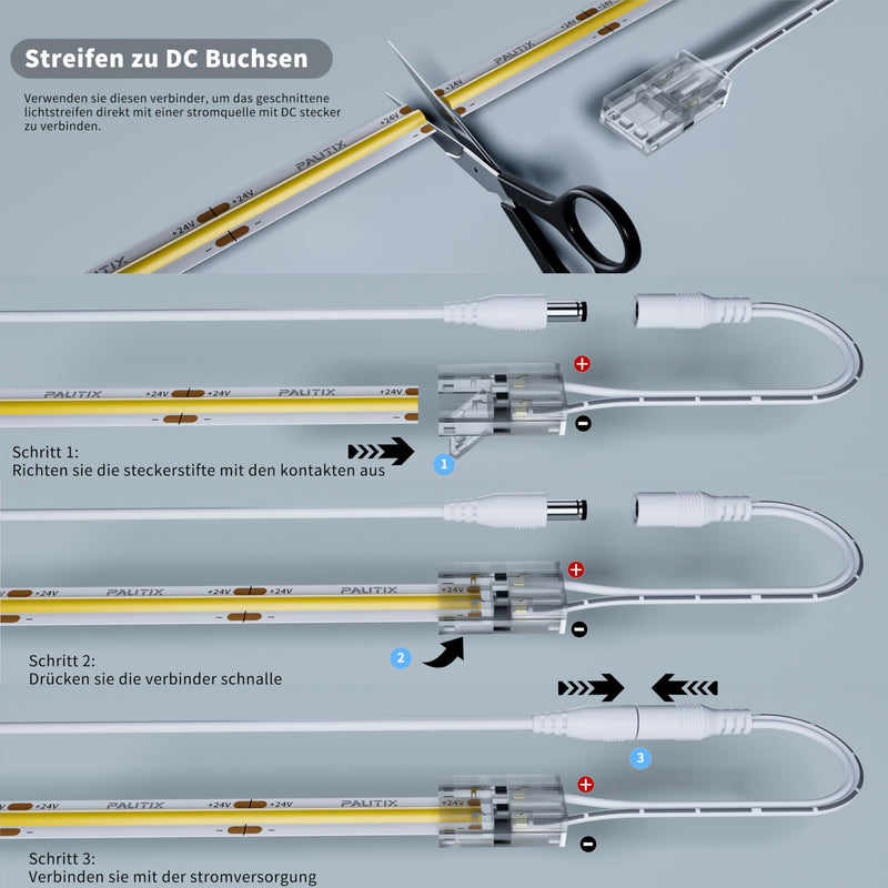 COB LED Strip Connector Set for 8 mm Wide COB Strips 2 Pin, 4 Pieces Transparent Centre Connectors, 2 Pieces L-Shape, 1 Piece T-Shape and 4 Pieces Dual-End Extension Wires 15 cm with 1 Piece DC 8mm connector Upgraded
