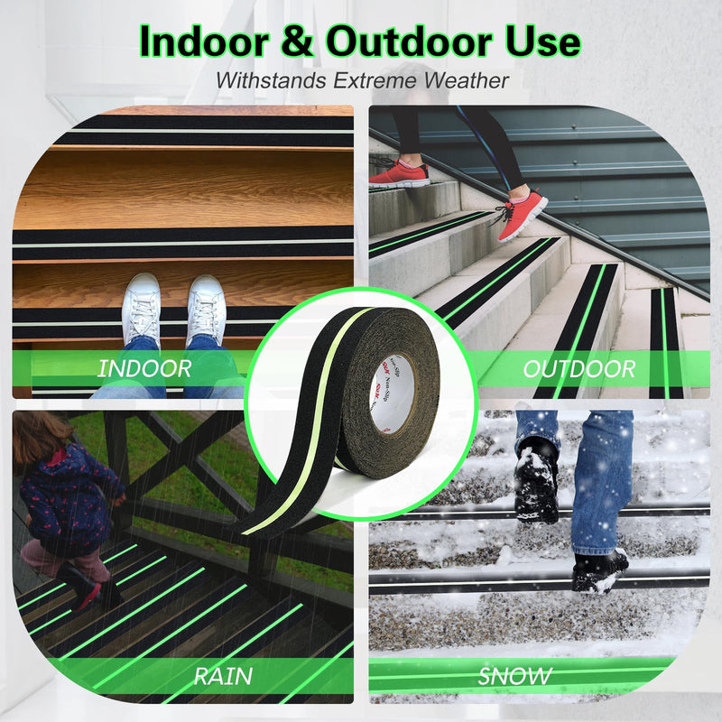 S&X Heavy Duty Anti Slip Tape 2 Inch x 60 Ft with Glow in The Dark Strip - Durable Grip Tape for Stairs, Outdoor Non Slip Stair Tread Non-Skid Safety Tape 2" X 60' Black/Glow-in-the-Dark
