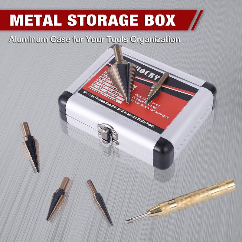 Step Drill Bits, 6PCS (50 Sizes) HSS Step Unibit Drill Bit Set with Auto Center Punch Black and Gold, Double Cutting Blades HSS Drill with Aluminum Case, Multi-Hole Stepped Up Bits for DIY 6pcs - Black and Gold
