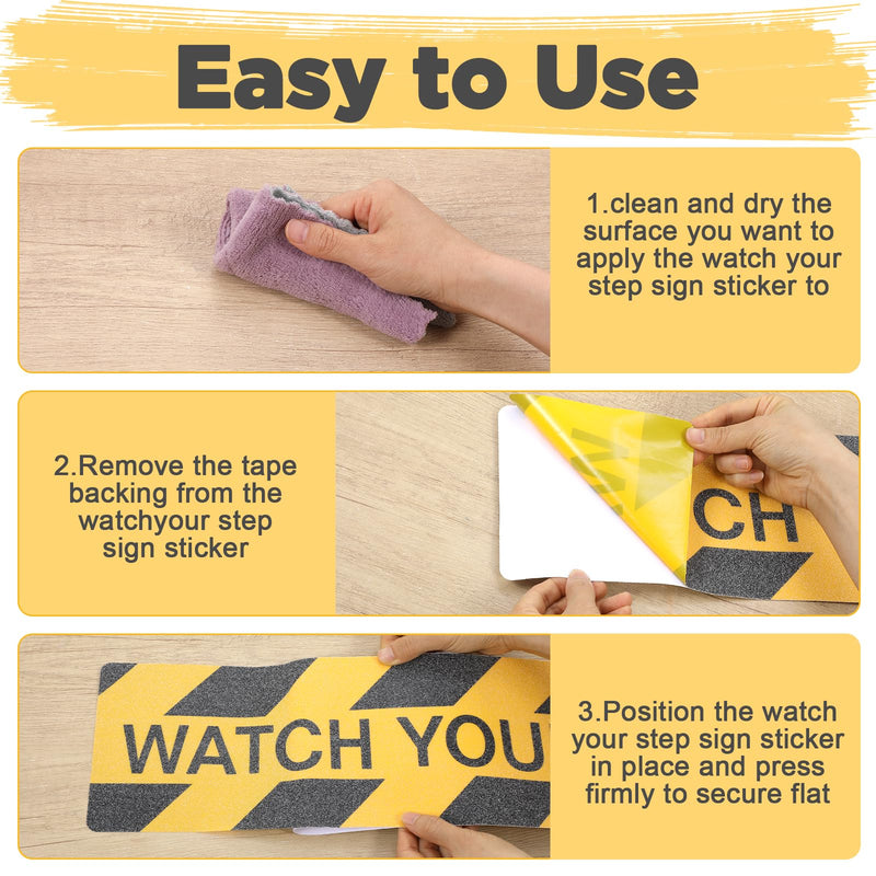 12 Pack Watch Your Step Sticker 6x24 Inch, Watch Your Step Sign Floor Decals, Anti-Slip PVC Stair Stickers, Waterproof Abrasive Tape for Wet Floor Caution, Indoor Outdoor Safety