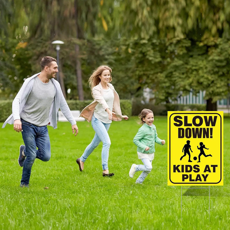 4 Pieces Slow Down Kids At Play Sign with Metal Stake, 12 x 16 Inch Kids At Play Safety Signs, Double Sided Child Safety Caution Signs, Children Sign for Street, Lawn Neighborhoods, Yellow