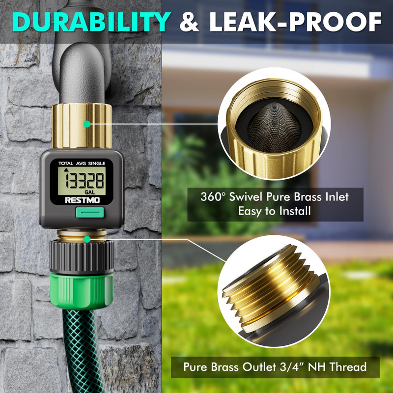 [Australia - AusPower] - RESTMO Water Flow Meter with Brass Inlet & Outlet, Measure Gallon/Liter Consumption and Flow Rate for Outdoor Garden Hose Watering, RV Water Tank Filling, Lawn Sprinkler and Nozzle Sprayer Gray 1 Pack 
