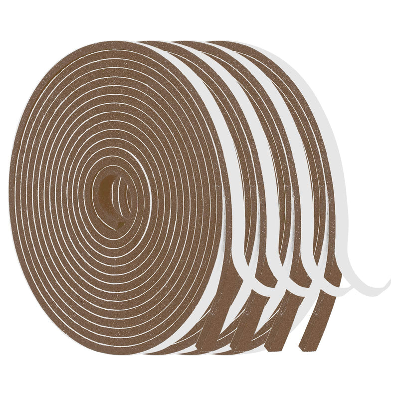 Foam Weather Stripping-4 Rolls, 1/2 Inch Wide X 1/8 Inch Thick Total 52 Feet Long, Brown Foam Insulation Soundproofing Sealing Tape for Doors and Windows(13 ft x 4 Rolls) 1/2"(W) X 1/8"(T) X52'(L)