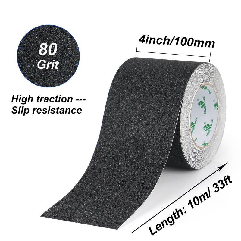 BOMEI PACK Black Anti Slip Tape, 4 Inch x 33 Foot Non-Slip Traction Grip Tape for Stairs, Waterproof Stair Treads Grip Non Slip, Non Skid Tape for Steps, Outdoor Black Grip Tape 100mm