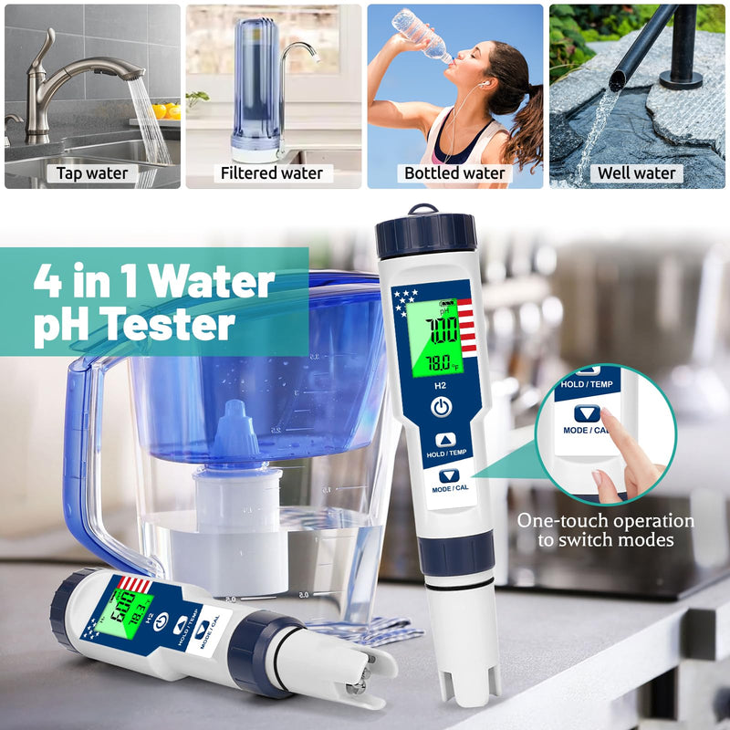 [Australia - AusPower] - Hydrogen Water Tester pH ORP Meter for Drinking Water, 4 in 1 pH H2 ORP Meter for Hydrogen Water Bottle/Machine, Digital pH PPM ORP Temp Monitor for Hydroponic, Pool, Aquariums 4 in 1 tester 