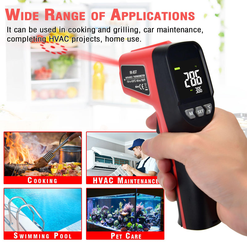 [Australia - AusPower] - Non-Contact Infrared Thermometer -58°F ~788°F (-50~420℃) with Large Color LCD Backlight Display & Laser Positioning & Adjustable Emissivity & Max Min for Cooking, Oven, Griddle, Engine, HVAC Black & Red 