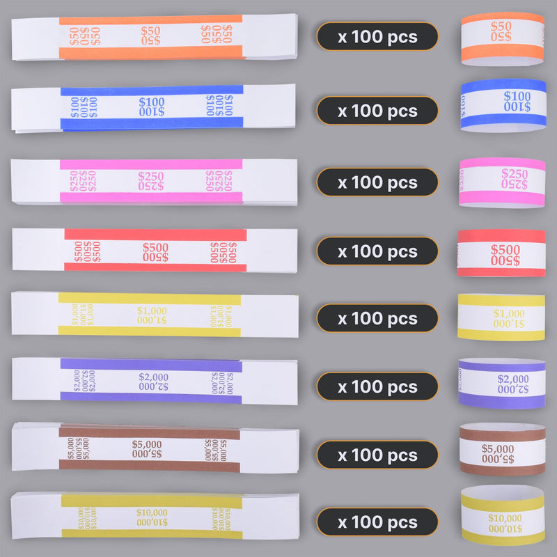 Queensell Pack of 800 Money Bands for Cash, Currency Straps, Money Straps for Bills, Cash Bands, Dollar Bill Wrappers to Organize Cash - Self-Adhesive Money Band, 8 Colors - 100 of Each Denomination Pack of 800 - 100 of Each