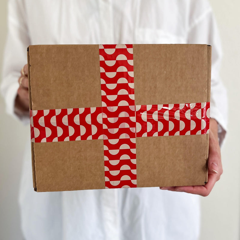 Printed Decorative Packing Tape for Small Business, Cute Designer Printed Packaging Tape, Shipping and Mailing, Red and Cream Geometric Wave Pattern, 1.88" x 110 Yards (330 feet) Geometric Wave Pattern - Cream/Red
