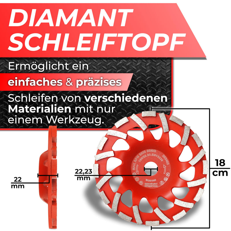 Woltersberger Professional Diamond Cup Wheel 180 mm x 22.23 mm Sanding Disc for Sanding Work with Concrete and Hard Building Materials Granite Natural Stone Screed Plaster Marble Brand Quality