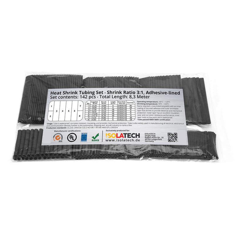 142-piece set 3:1 with adhesive heat shrink tubing assortment Set with total length of 8.3 m. Waterproof thanks to hot glue layer on the inside. By Isolatech. | Blank 8.3 m total length, in plastic bag, hot glue layer for waterproof connections, made o...