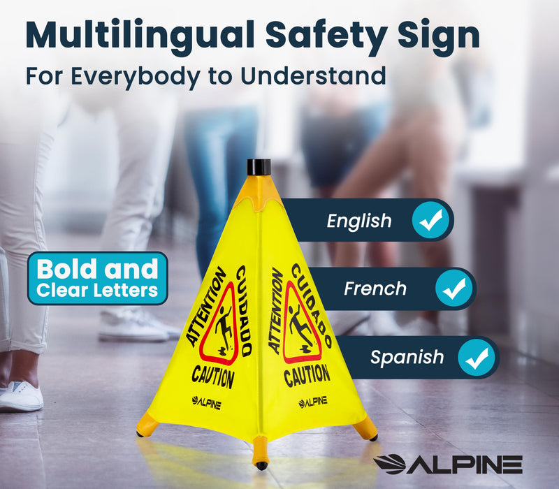 Alpine Caution Wet Floor Sign - Pop Up Slippery When Wet Sign, Wall Mounted Foldable Bilingual Yellow Safety Warning Caution Cone For Commercial & Office Use (20 Inches) 20 Inches