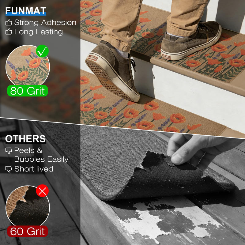 Outdoor Stair Treads Non-Slip, 8” x 30” - 10-Pack Weather Resistant Grip Tape for Wooden Steps, Waterproof & Anti Skid Strips, 80-Grit Adhesive Step Treads, Orange Floral Beige/Orange 8" x 30"
