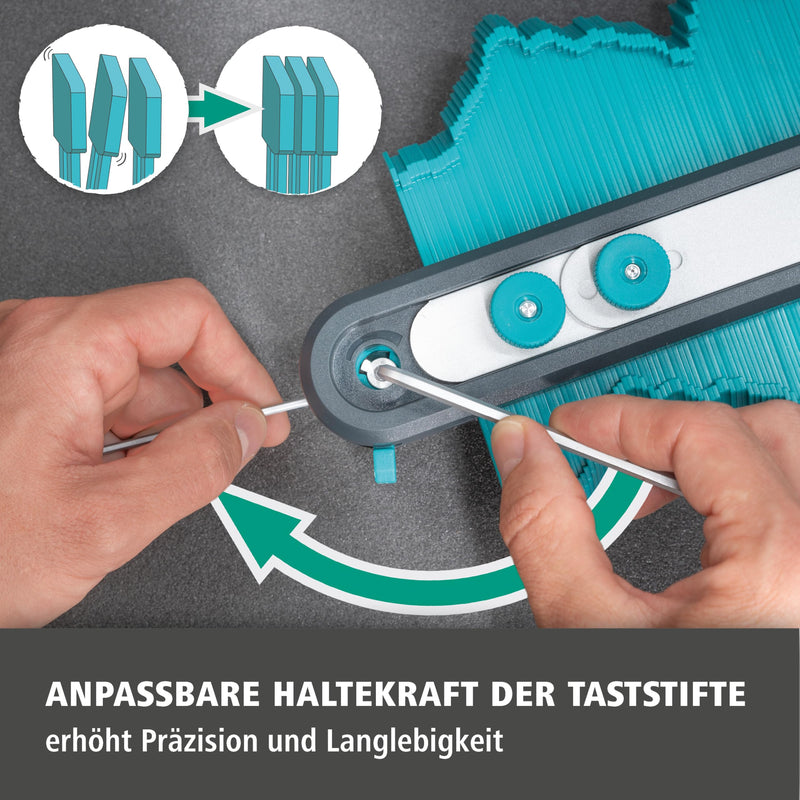 Wolfcraft Contour Gauge Pro Needle Template with Telescopic Rail for Measuring | Ideal for laminate and tiles, 700 mm length, 250 mm width, 168 touch pins, rail stop and fixation, 6980000