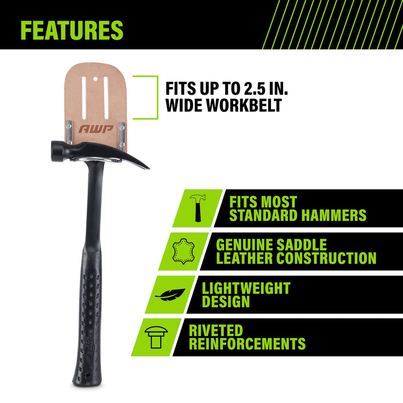 [Australia - AusPower] - AWP Leather Hammer Holder, Crafted from Genuine Saddle Leather, Compatible with Work Belts Up to 2 ½ Inches Wide, Tool Belt Accessory 