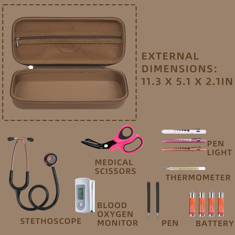 [Australia - AusPower] - Portable Stethoscope Case Compatible with 3M Littmann Classic III, Lightweight II S.E, Cardiology, MDF, Hard Stethoscopes Case with Mesh Pocket for Accessories Medical Scissors Thermometer (Brown) BROWN 