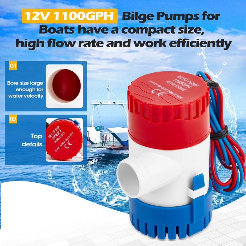 12V 1100GPH Bilge Pump Kit, 0.98 Inch, Non-automatic | 6 ft/1.8 meters Bilge Pump Hose, 2pcs Stainless Steel Clamps, Thru Hull Fitting, For Boats, Speedboats, Yachts B - 1100GPH