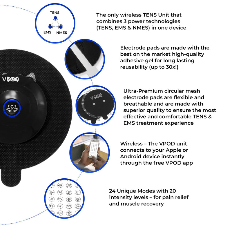 VPOD Single Wireless TENS Unit - EMS Muscle Stimulator for Pain Relief Therapy, 24 Modes - TENS Massager Electric Stimulation Machine for Nerve and Back Pain VPOD Single