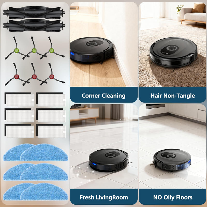 G8000 Max Replacement Parts, for Tikom G8000 Max, L8000 Plus, 2025 Year L8000 Pro Robot Vacuum, Accessories Include 2 Main Brushes, 6 Side Brushes, 6 HEPA Filters, 6 Mop Pads