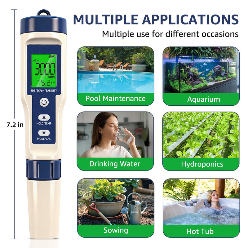 Pool Salt Tester & PH Meter - 5-in-1 Digital TDS Meter for Salinity PH Temp and EC, 0.01 High Accuracy, Swimming Pool, Hydroponics, Aquarium, Hot Tub, PPM Meter for Pool, Drinking Water, Wine, Food