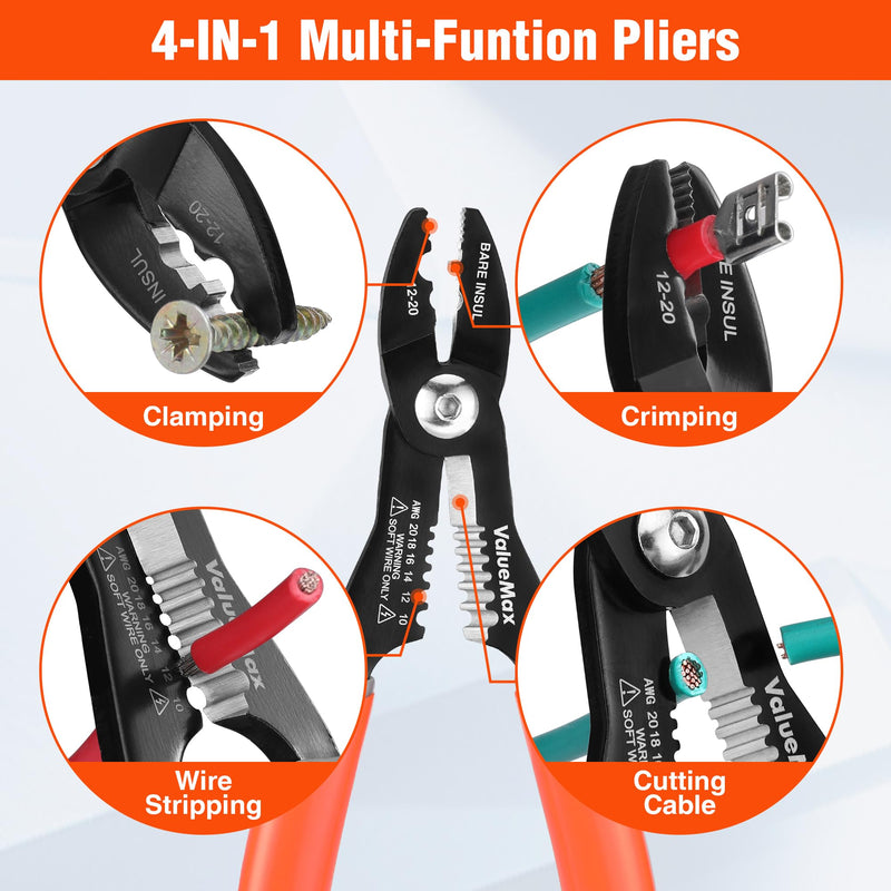 [Australia - AusPower] - Valuemax 4-in-1 Wire Stripper Tool, Wire Stripper, Wire Cutters, Wire Crimping Tool, Multifuntional Electrician Pliers for Clamping, Stripping, Cutting, Crimping, 10-20 AWG 