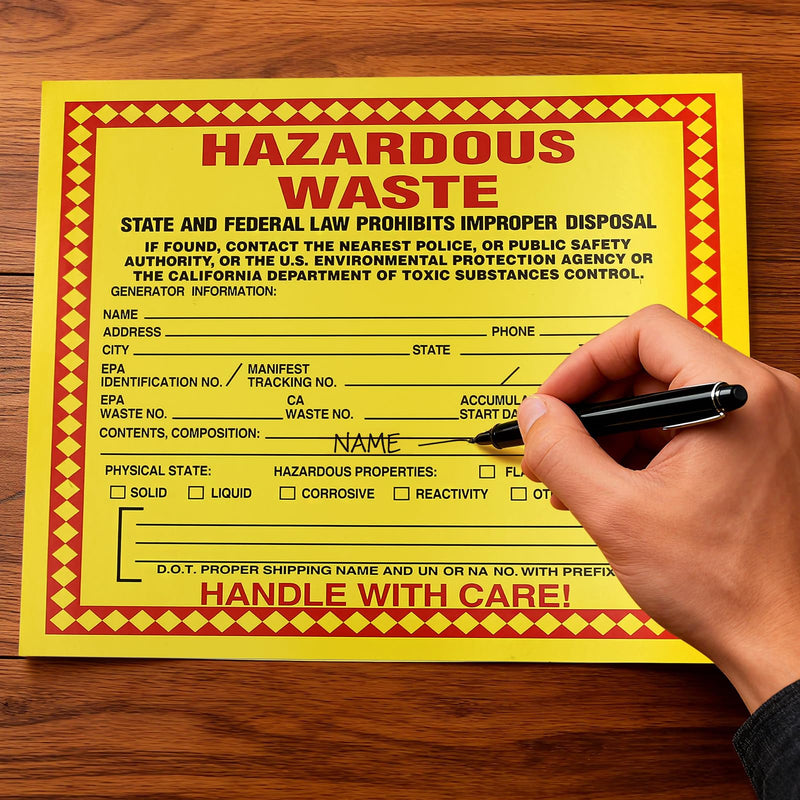 Pack of 50 Hazardous Waste Identification Stickers Label, Federal Laws Prohibit Improper Disposal, Handle with Care, 6"x6"