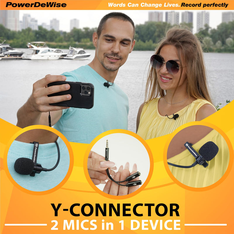 [Australia - AusPower] - PowerDeWise Professional Grade 2 Lavalier Clip-On Microphones Set for Dual Interview - Double Lav Lapel Microphone - Use for iPhone Phone Camera - Video Recording Noise Cancelling 3.5mm Mic Black 