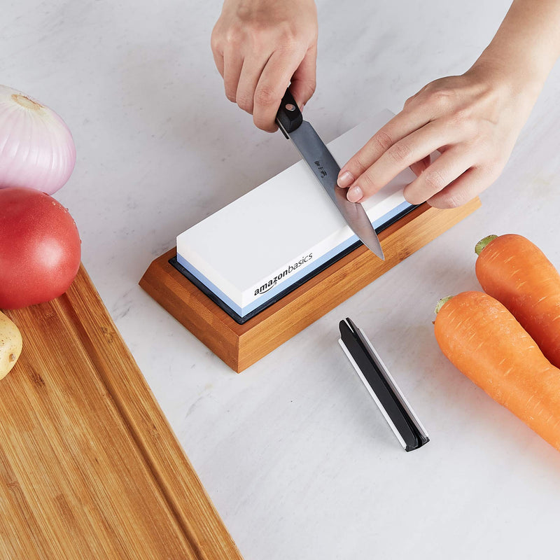 Amazon Basics Whetstone for Knife Sharpening with Water, 1000/6000 Grit on Both Sides, Non-Slip Bamboo Base, Black/Blue/White, ‎18 cm x 6.1 cm x 2.8 cm Grit: 1000/6000