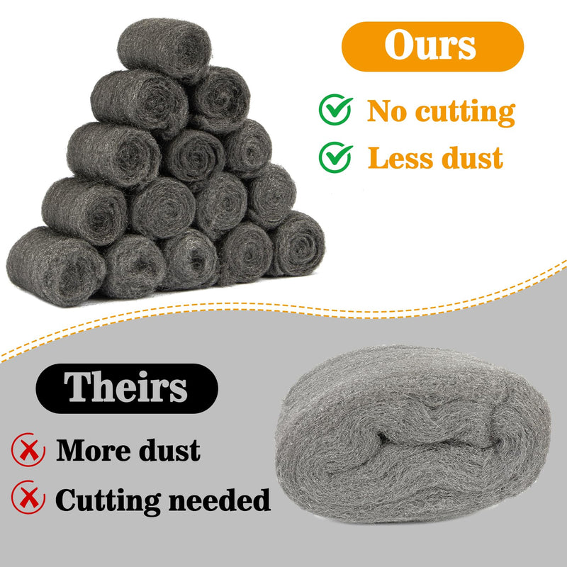 [Australia - AusPower] - Steel Wool Pads 0000 15PCS - Steel Wool Roll Glass Wood Fabric Metal Extra Fine Steel Wool 0000 Polishing Chrome Glass Polishing Pads Wool Steelwool Mice Control Weep Hole Covers Walls Fill 