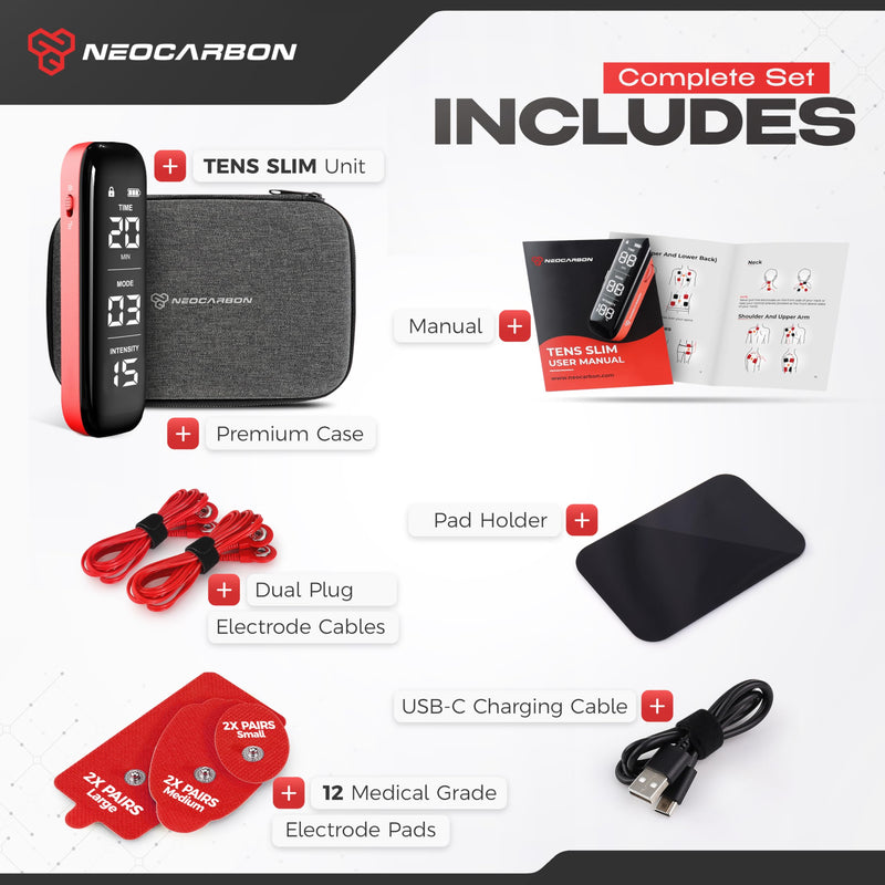 NEOCARBON TENS Unit Muscle Stimulator Slim for Pain Relief, Physical Therapy & Muscle Recovery, Portable EMS Pulse Massager Machine for Back, Neck & Shoulder Pain, Red