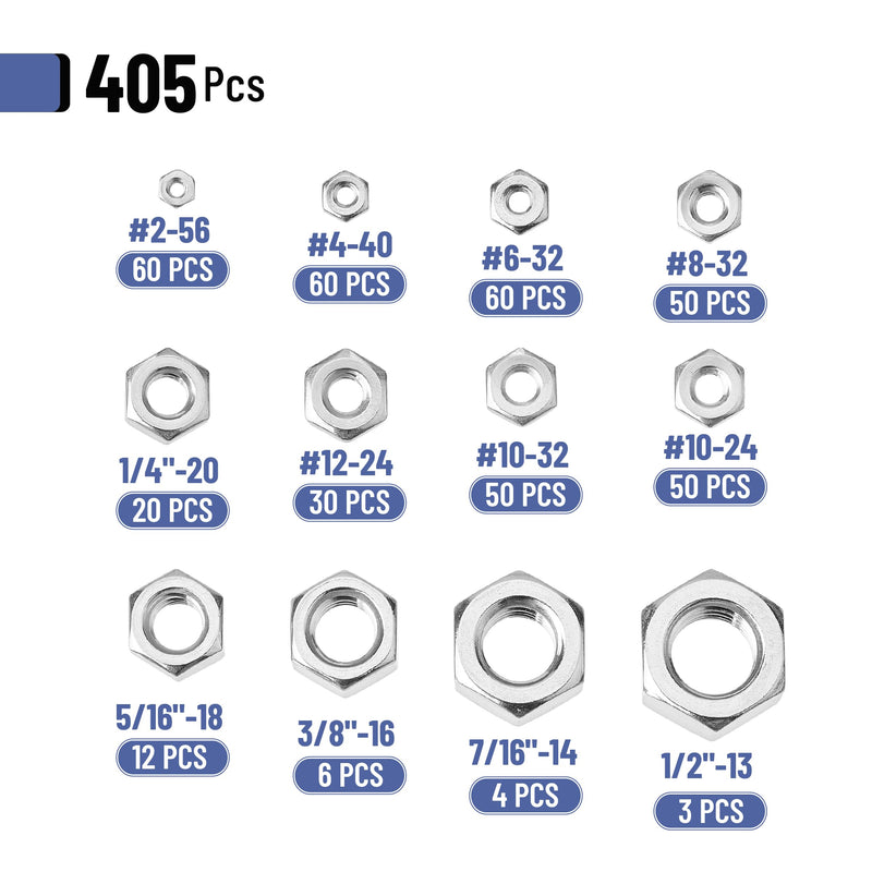 [Australia - AusPower] - Mr. Pen- SAE Hex Nuts Assortment Kit, 405 pcs, Stainless Steel, Hardware Nuts, 1/4-20 Nut Set, 3/8 Nut, 5/16 Nut, 3/8 Nuts, 10-32 Nut, 5/16 Nuts, 1/4 Nuts, 5/16-18 Nut, 1/4-20 Nuts, 6-32 Nut 
