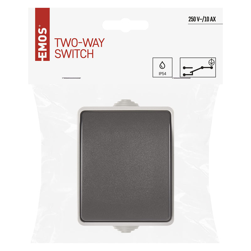 EMOS Waterproof Toggle Switch with Rocker Staircase Switch for Lighting, Grey/Black Colour, 250V~/10AX, Plastic, Surface Mounted, IP54 Outdoor
