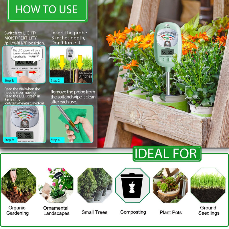 HSLGOVE Soil Test Kit, 7-in-One Soil Moisture Meter/Soil PH Meter/Fertility, Dual Screen Soil Tester w/Digital Soil Temp/Air Temp&Humidity for Plants Gardening,Lawn,Farm Indoor&Outdoor-Mint Green Mint Green