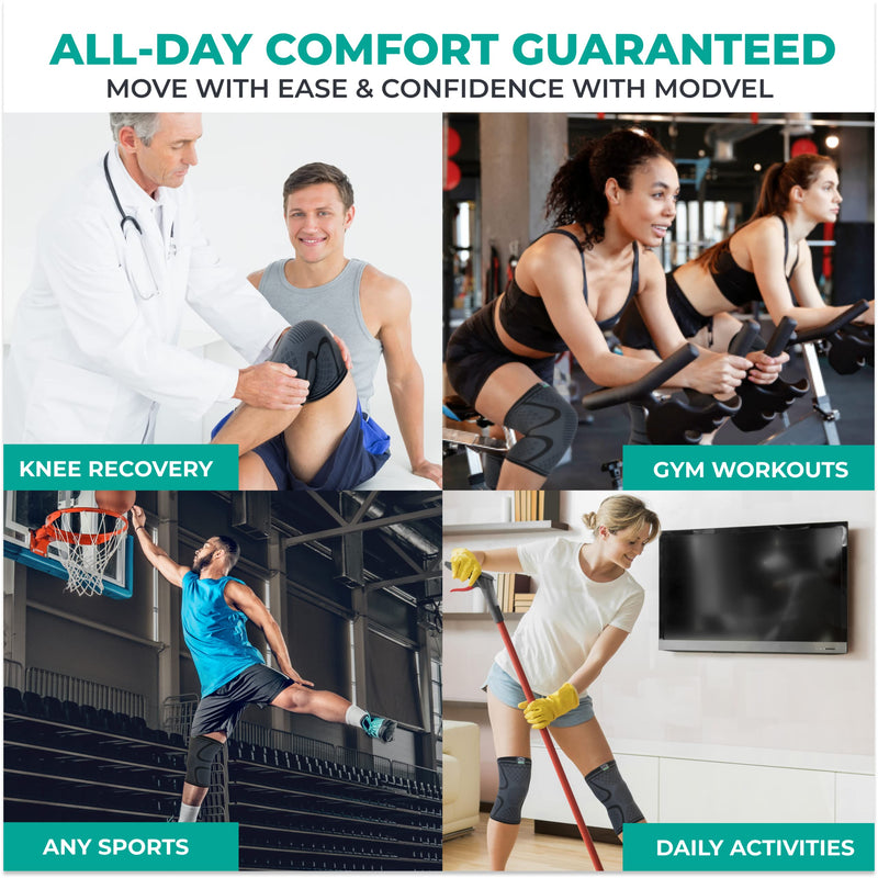 [Australia - AusPower] - Modvel Compression Knee Brace for Women & Men - 2 Pack Knee Brace for Women Running Knee Pain, Knee Support Compression Sleeve, Workout Sports Knee Braces for Meniscus Tear ACL & Arthritis Pain Relief Medium A Black 