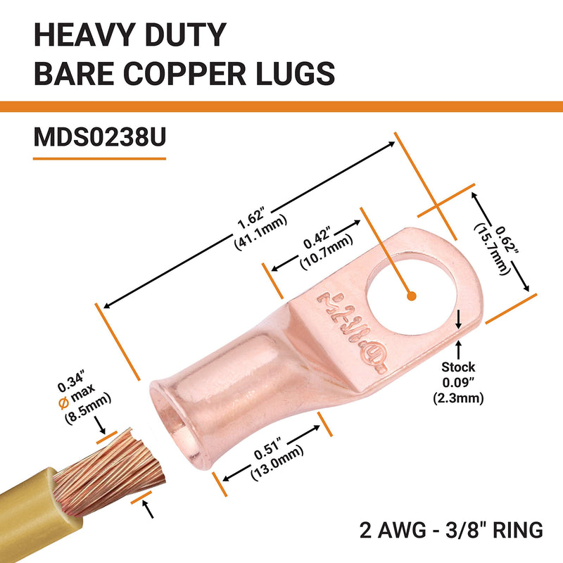 [Australia - AusPower] - SELTERM 25pcs 2 AWG 3/8" Stud Battery Lugs, Ring Terminals, Heavy Duty Copper Wire Lugs, Battery Cable Ends, 2 Gauge Ring Terminal Connectors, UL Bare Copper Eyelets Electrical Battery Cable Lugs 2 Awg - 3/8" (M10) Ring Bare Copper Lugs 25 