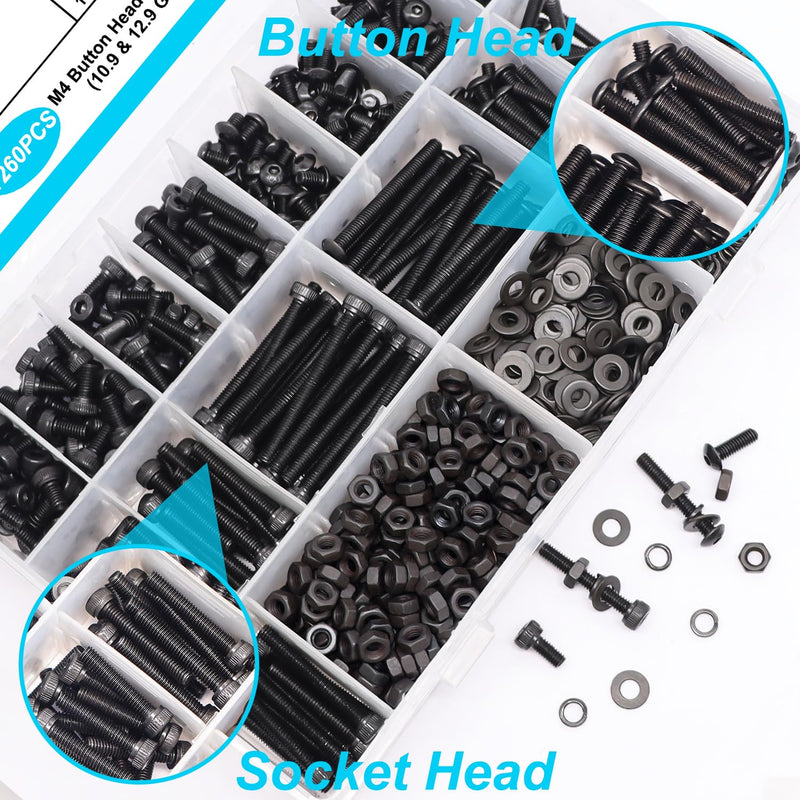 [Australia - AusPower] - 350PCS M4 x 6/8/12/16/20/25/30mm Hex Socket Head Cap Screws Bolts Nuts Washers Assortment Kit + 1260PCS Black M4 Screw Kit, 6-40mm Button Head Screws and Socket Head Screws 
