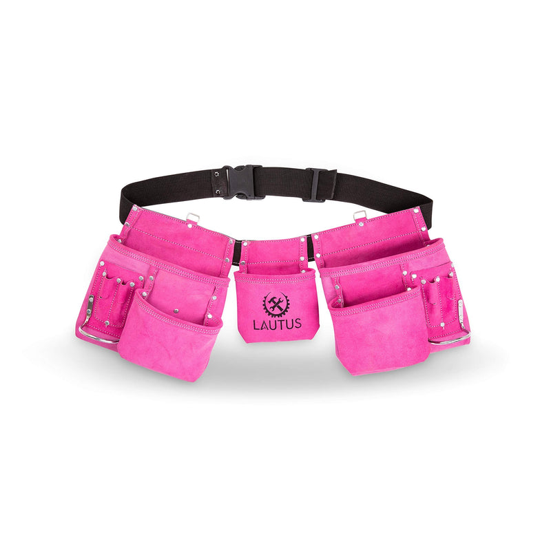 LAUTUS Pink Tool Belt/Pouch/Bag, Carpenter, Construction, Framers, Electrician |11 Pockets| 2 Steel Hammer Holders|