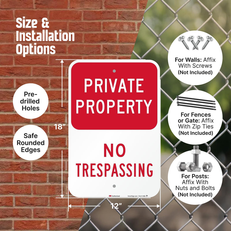 SmartSign Private Property No Trespassing Sign - 2-Pack, 12" x 18", 80 mil Thick Aluminum Composite (ACM), Pre-Drilled Holes, Red and White, Made in USA 12" x 18" - AL ACM (Pack of 2)