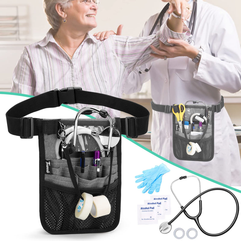 Trunab Nurse Belt Bag with Multiple Compartments, Grey | Organiser for medical accessories such as scissors, tape, stethoscope, thermometer, nursing bag Gray