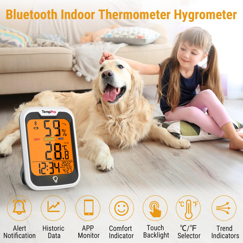 TempPro Bluetooth Thermo-Hygrometer with Clock Date Hygrometer Indoor App | Humidity Meter Bluetooth 80m Room Thermometer with Trend Arrows Comfort Indicator -20-60°C 2 Pieces (Ex-ThermoPro) 2 pieces