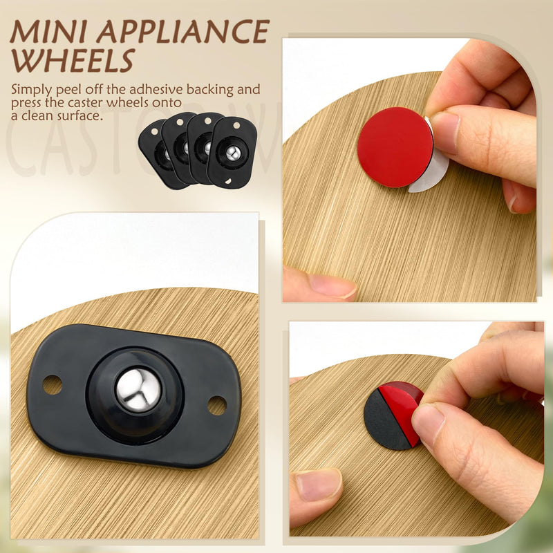 [Australia - AusPower] - Quacc 8 Pack Self Adhesive Caster Wheels Appliance 360° Swivel Glide Smoothly Mini Rollers Coffee Machines Air Fryer Caster Slider for Small Kitchen Appliances, Trash Can, Furniture (Black) 