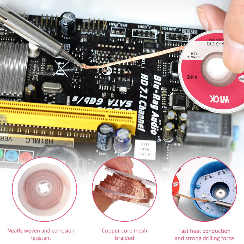 Soldering Wire, 4-Piece Desoldering Braid Set, Copper Desoldering Wire No-Clean | Desoldering braid 2 mm 2.5 mm 3 mm 3.5 mm, for disassembling electrical components and removing solder from solder joints