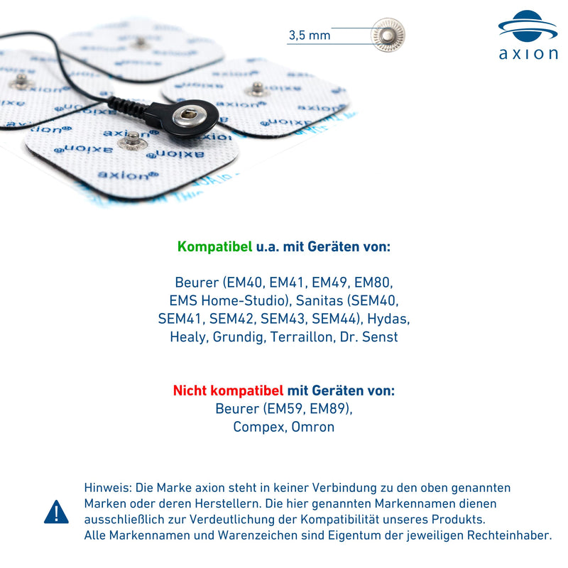 Compatible electrodes SANITAS BEURER BOOTS - 20 TENS & EMS pads for electrostimulation machines - 3.5mm button - axion brand quality | Compatible with Beurer TENS device and EMS muscle stimulator (eg EM49, EM56) & Sanitas (eg SEM43, SEM44). Reusable