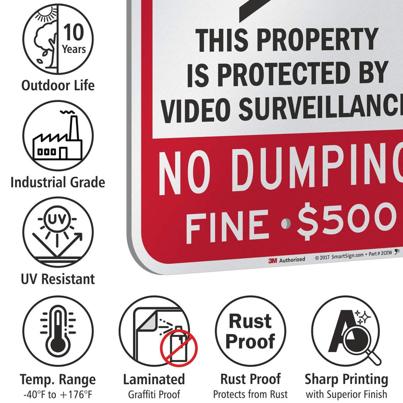 SmartSign - K-7486-500-EG-12x18 "Warning - Property Protected by Video Surveillance, No Dumping" Sign | 12" x 18" 3M Engineer Grade Reflective Aluminum 12" x 18" 3M EG Reflective Aluminum