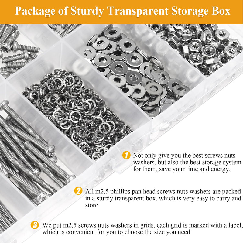 [Australia - AusPower] - 565 Pieces M2.5 Machine Screws Nuts Washers Set, Sutemribor M2.5 x 4/6/8/10/12/16/20mm Phillips Pan Head Machine Screws Nuts Washers Assortment Kit, 304 Stainless Steel, Fully Threaded 